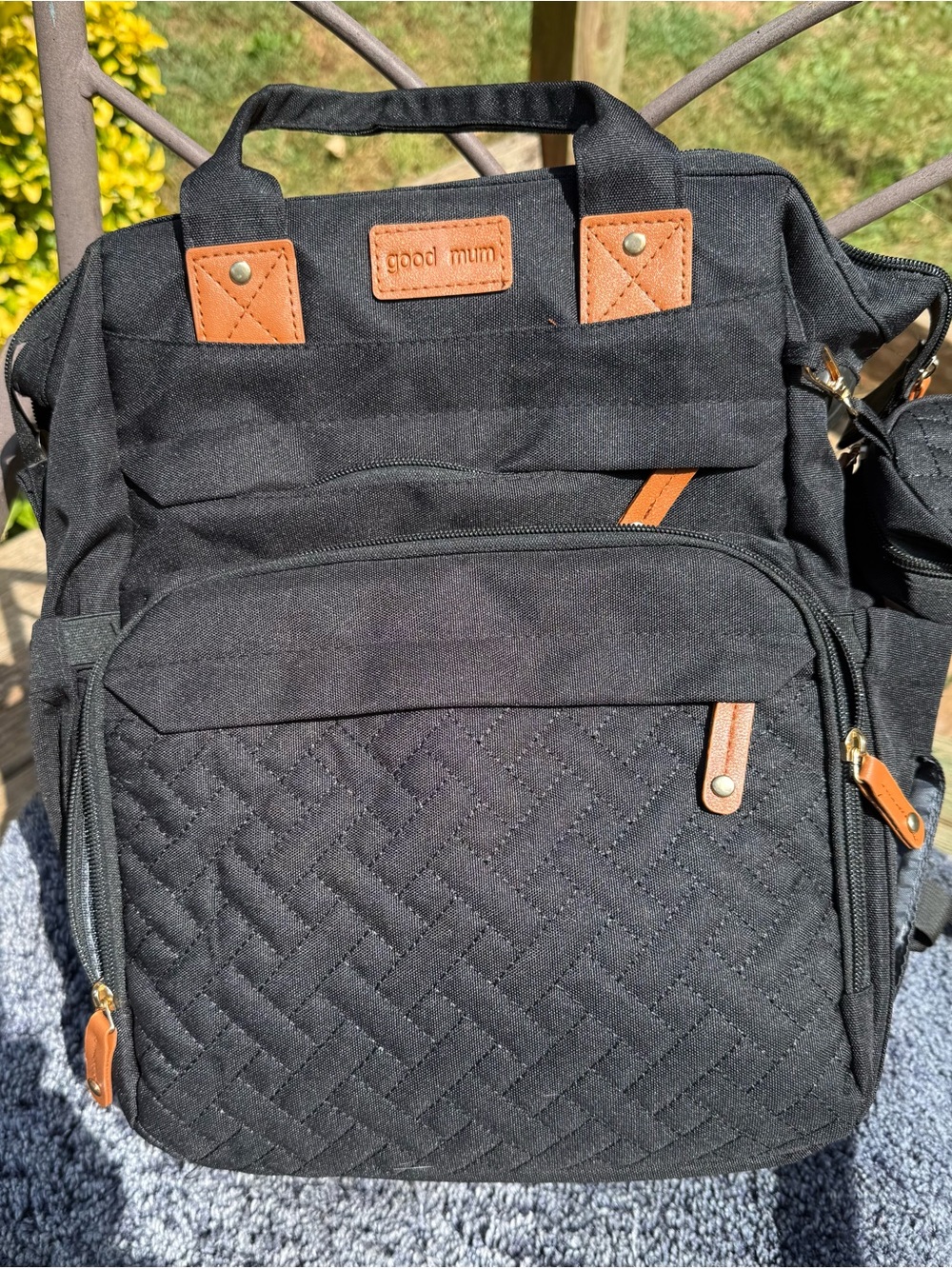 Black Quilted Baby Backpack with Tan Accents